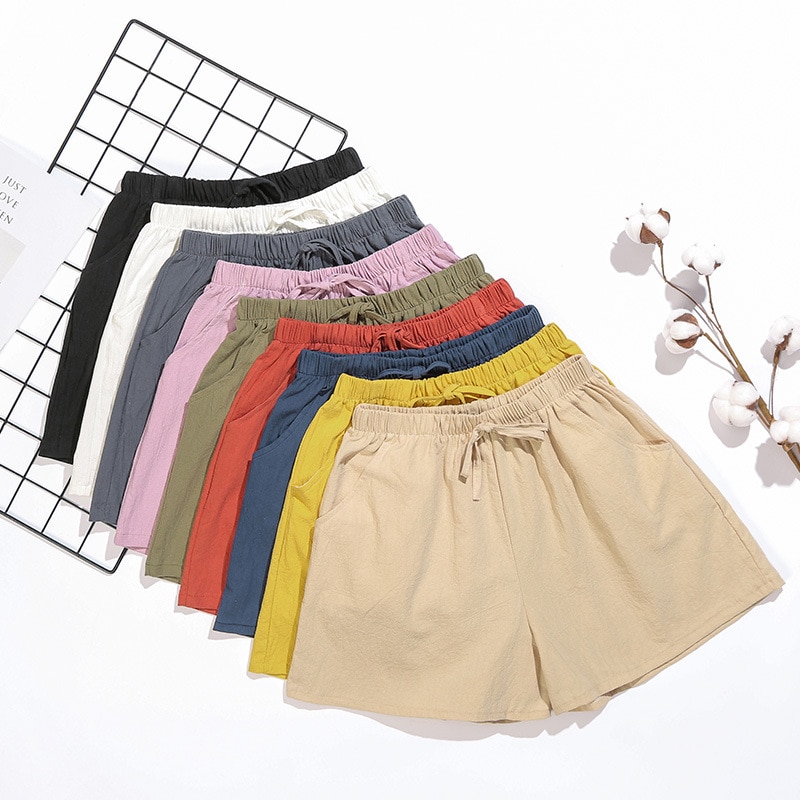 Womens Shorts Spring Summer 2023 Loose Linen Cotton Casual Khaki Korean Wide Leg Pant Drawstring Elastic Waist Bikers Shorts