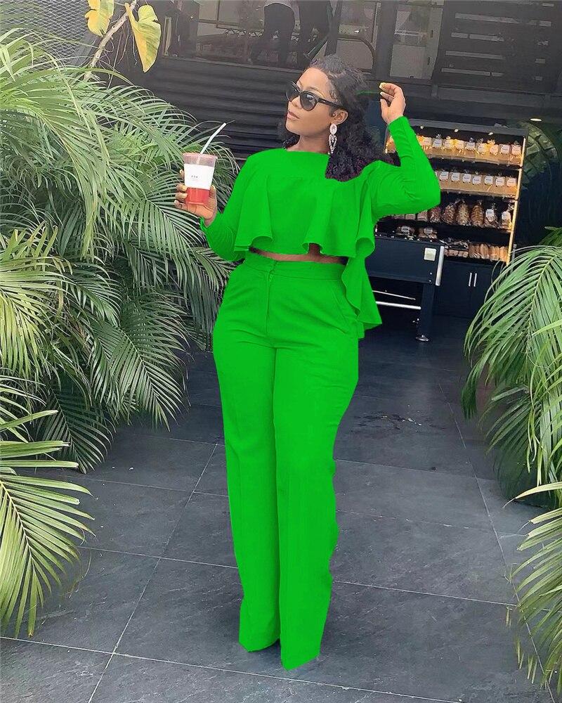 Elegant Work Wear Two Piece Set Fall Clothes for Women Ruffles Crop Top and Wide Leg Pants Suits Matching Sets Sexy Club Outfits