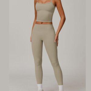 Women's Tight-Fitting Sanded Yoga Fitness Clothes Running Sports Suit (Vests + Pant) Camel