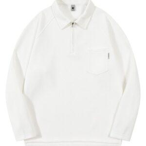 Men's Raglan Half Zipper Long-Sleeved Lapel T-shirt White