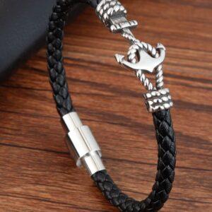 Men’s Black Leather Anchor Bracelet Nautical Inspired Braided Wristband with Stainless Steel Anchor Charm Magnetic Clasp