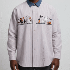 Men's Retro Color-Blocked Cartoon Long-Sleeved Striped Shirt Red