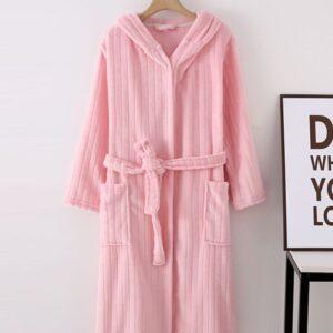 Winter thickened island velvet flannel for male and female couples, extended warm Pink collar + hooded bathrobe and nightgown