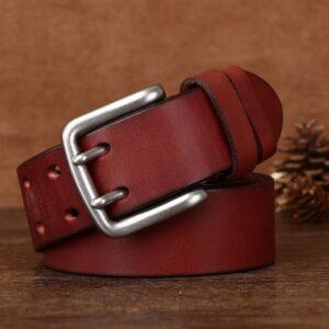 Men’s Premium Full-Grain Chestnut Leather Belt with Brushed Nickel Buckle Wine Red
